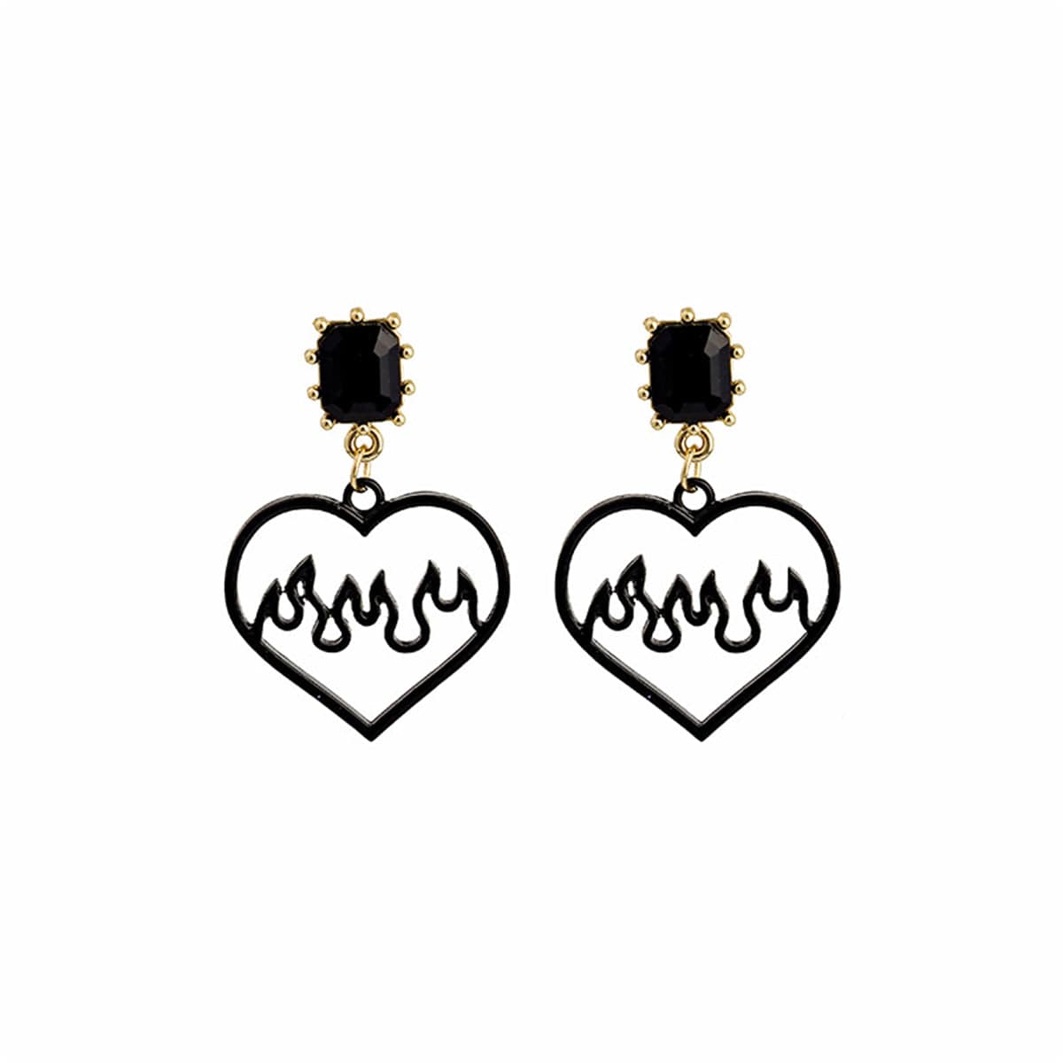 Black Crystal & Goldtone Flame Heart Drop Earrings