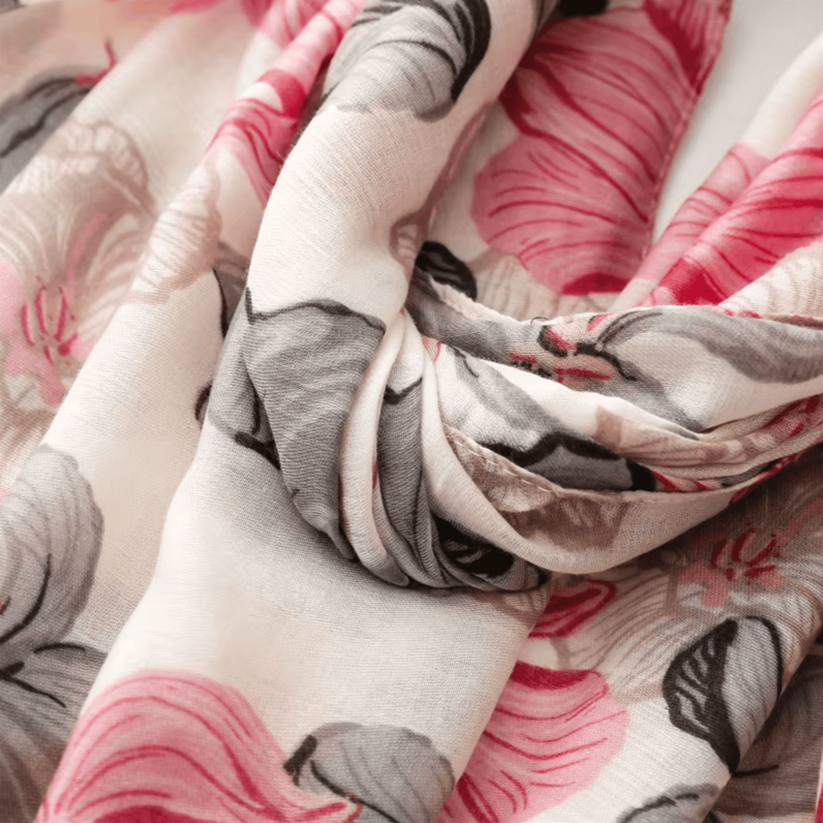 Delicate Pink and Grey Floral Print Tassel Scarf