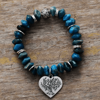 Blue Apatite Beaded Bracelet With Tree-Of-Life Heart Charm