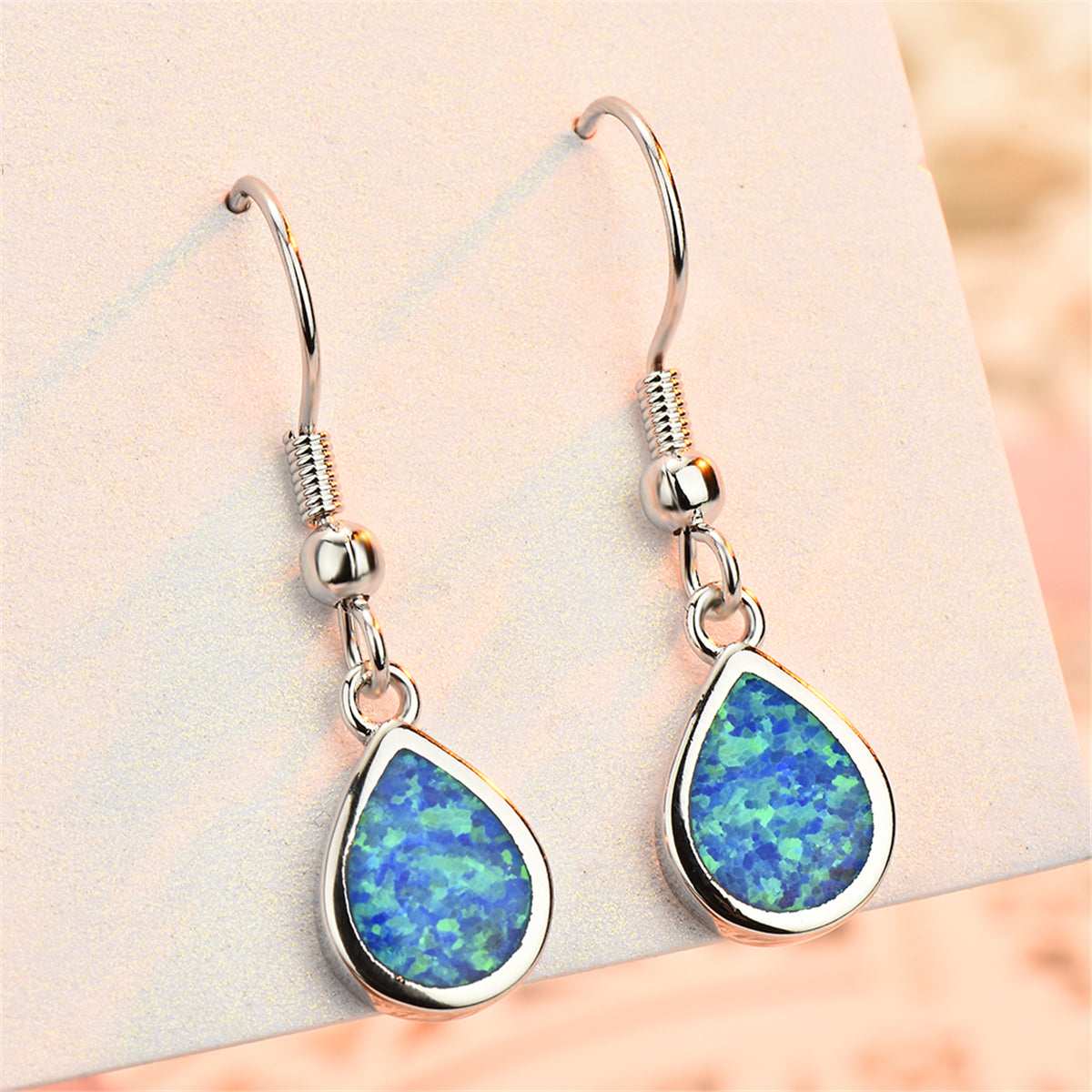 Blue Opal & Silvertone Teardrop Earrings