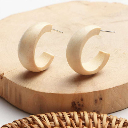 Beige Wood & Silvertone Huggie Earrings