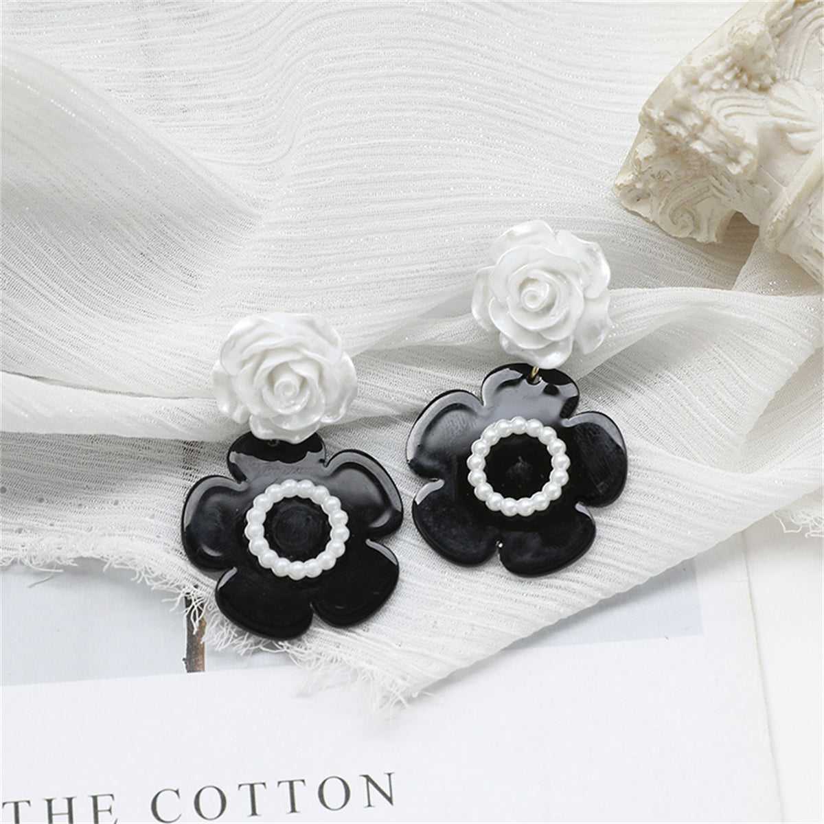 Black Acrylic & White Resin Pearl Silvertone Flower Drop Earrings