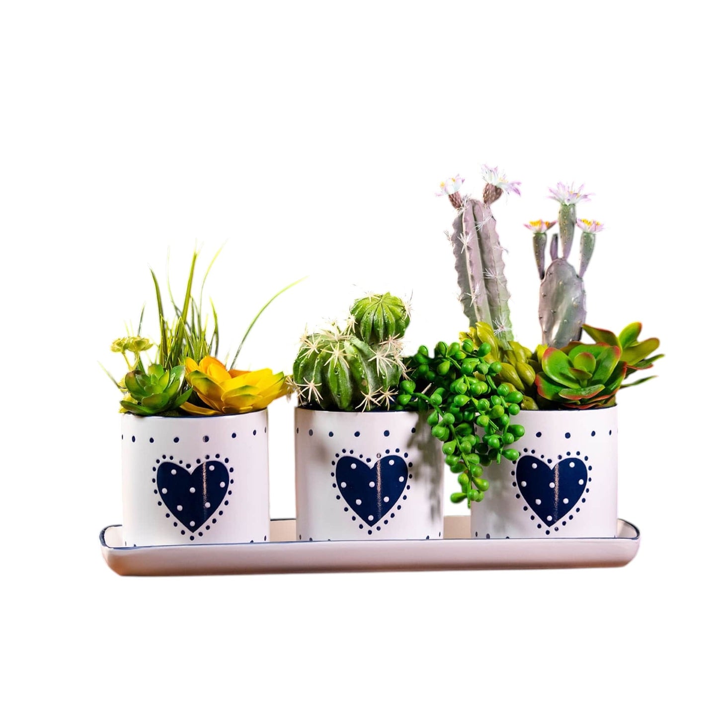 Country Heart Set Of 4" Planters W/Tray