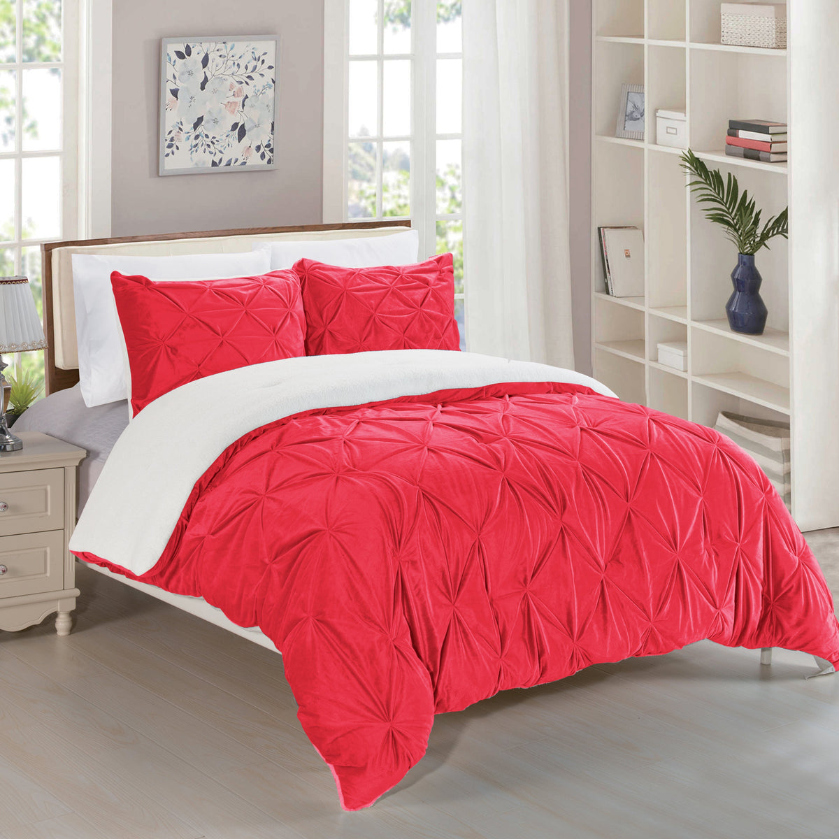 Elegant Comfort 3-Piece Pinch Pleated Micro-Suede Reversible Sherpa - Comforter Set