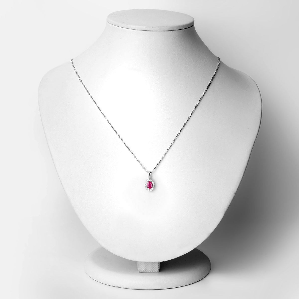 Genuine Mozambique Ruby and Lab Diamond Silver Halo Necklace