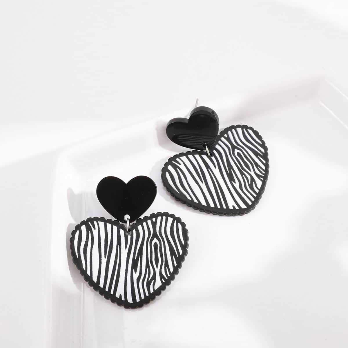 Black Acrylic & Silvertone Zebra Stripe Heart Drop Earrings