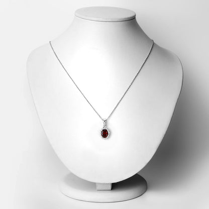 Genuine Mozambique Garnet and Lab Diamond Silver Halo Necklace