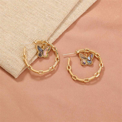 Abalone Shell & Goldtone Butterfly Chain Hoop Earrings