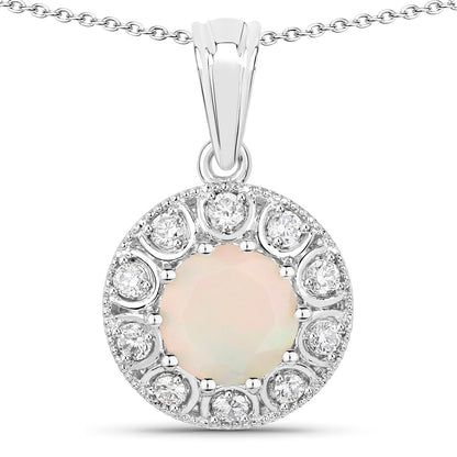 Genuine Ethiopian Opal and Lab Diamond Silver Halo Necklace