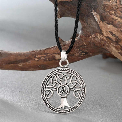 Black & Silvertone Openwork Round Tree of Life Pendant Necklace