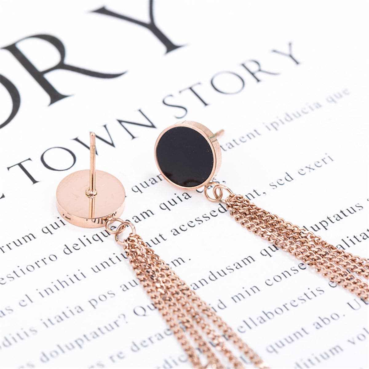 Black & Rose Goldtone Rhombus Tassel Drop Earrings