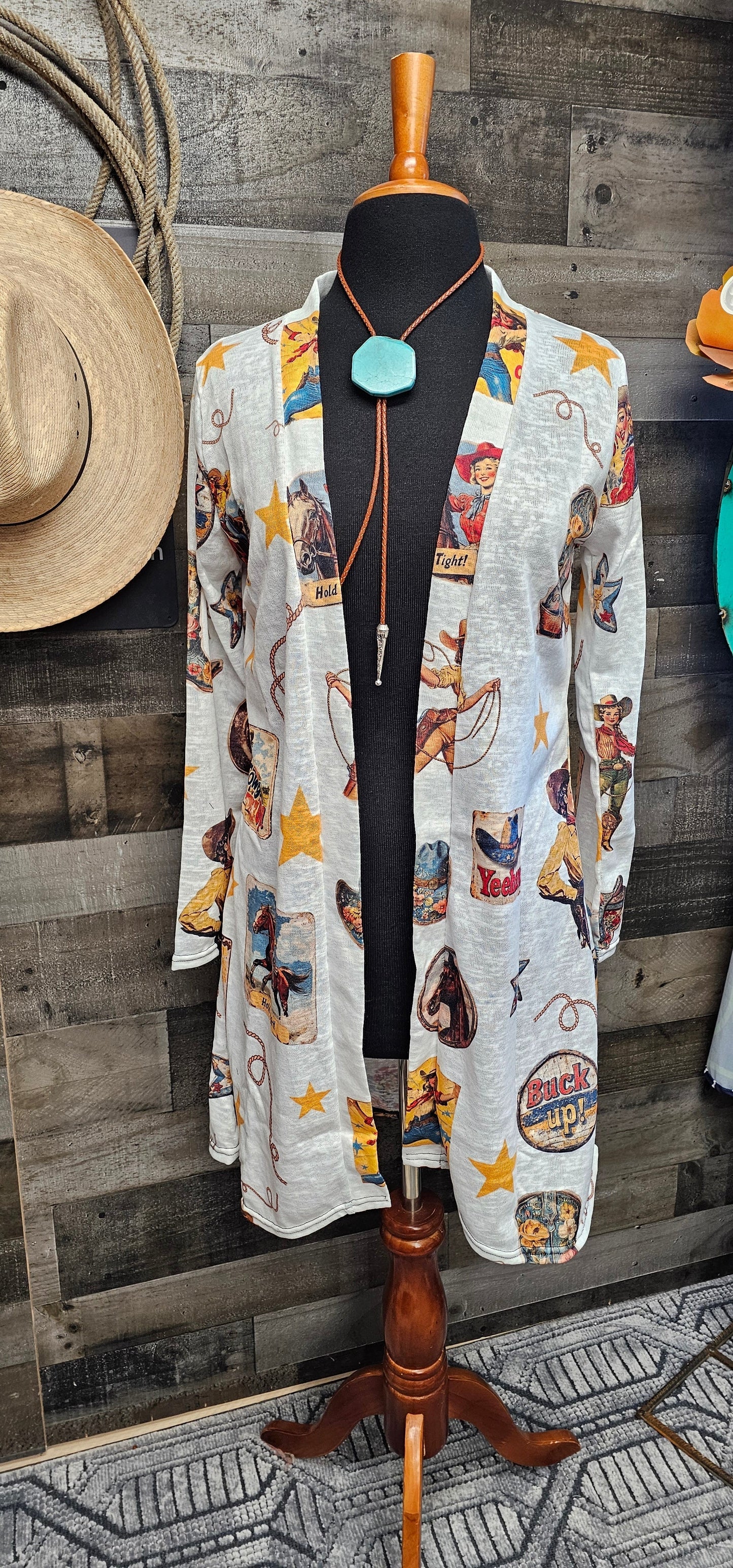 Baha Ranch Vintage Cowgirl Collage Western Lightweight Cardigan