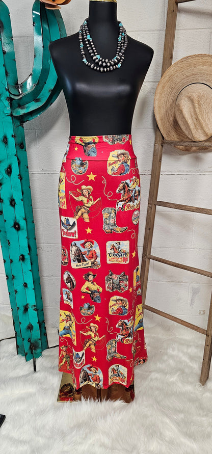 Baha Ranch Vintage Cowgirl Collage Western Maxi Skirt