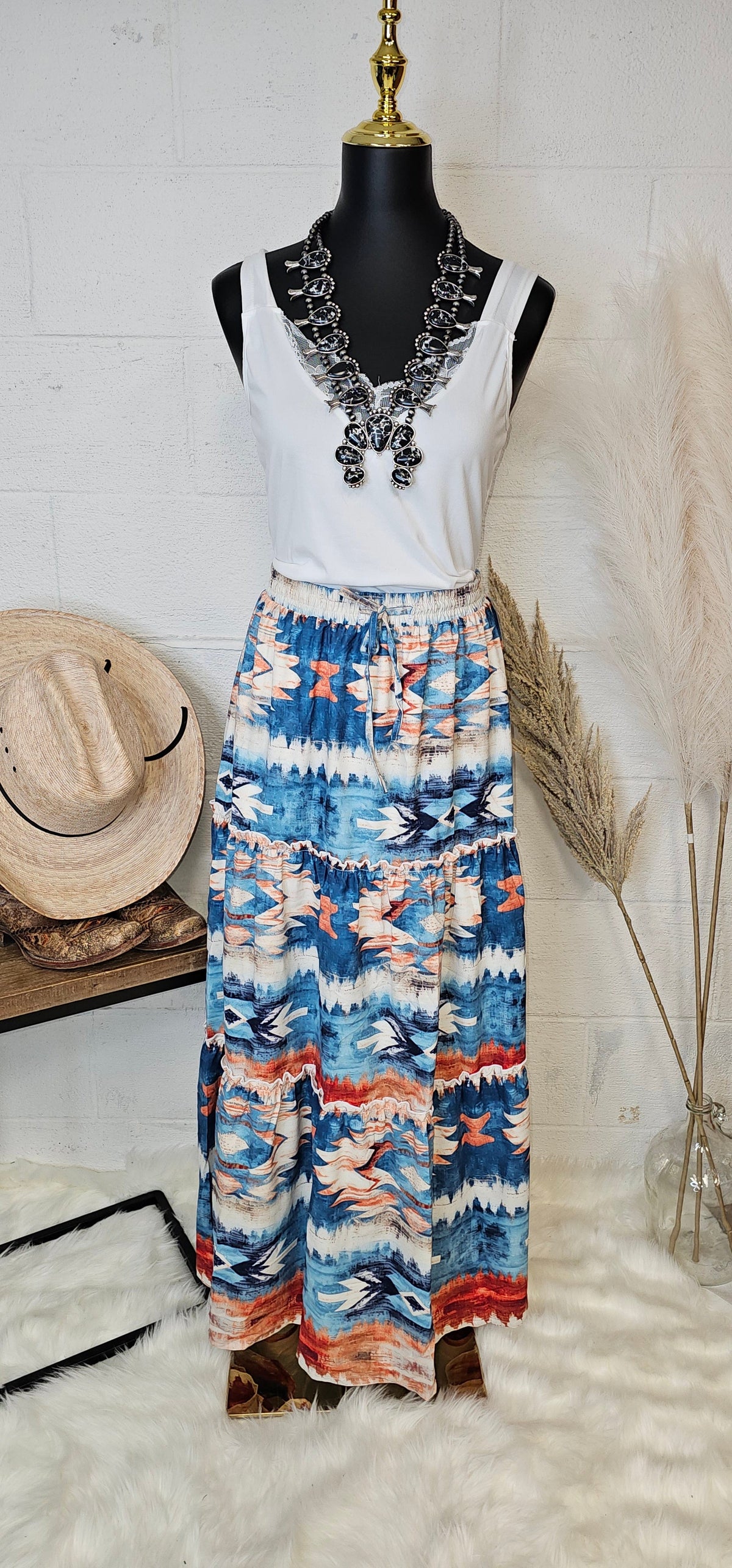 Baha Ranch Blue Aztec Western Prairie Tiered Maxi Skirt