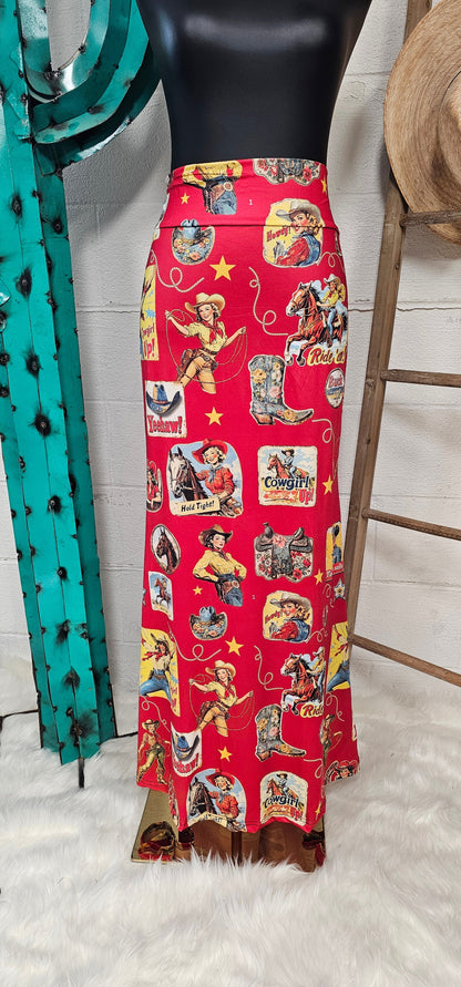 Baha Ranch Vintage Cowgirl Collage Western Maxi Skirt