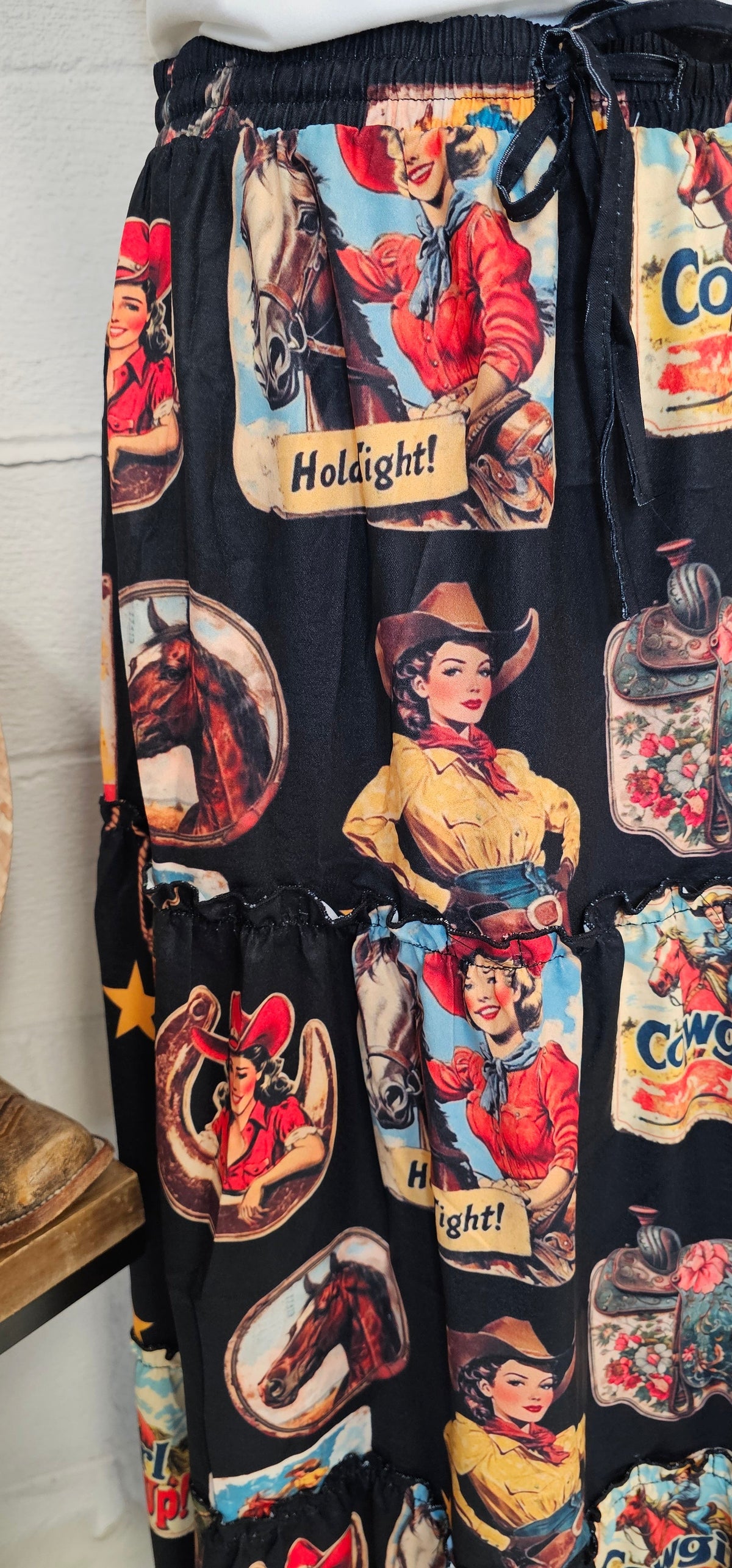Baha Ranch Vintage Cowgirl Collage Western Tiered Prairie Maxi Skirt