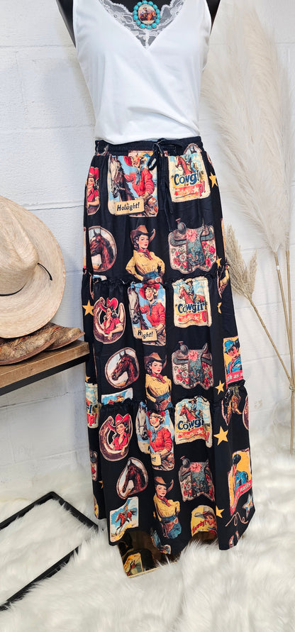 Baha Ranch Vintage Cowgirl Collage Western Tiered Prairie Maxi Skirt