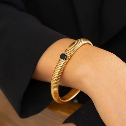 Black Crystal & Goldtone Herringbone Bangle