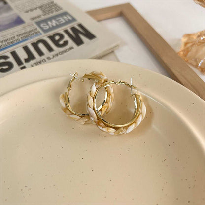Beige Resin & Goldtone Chain Hoop Earrings