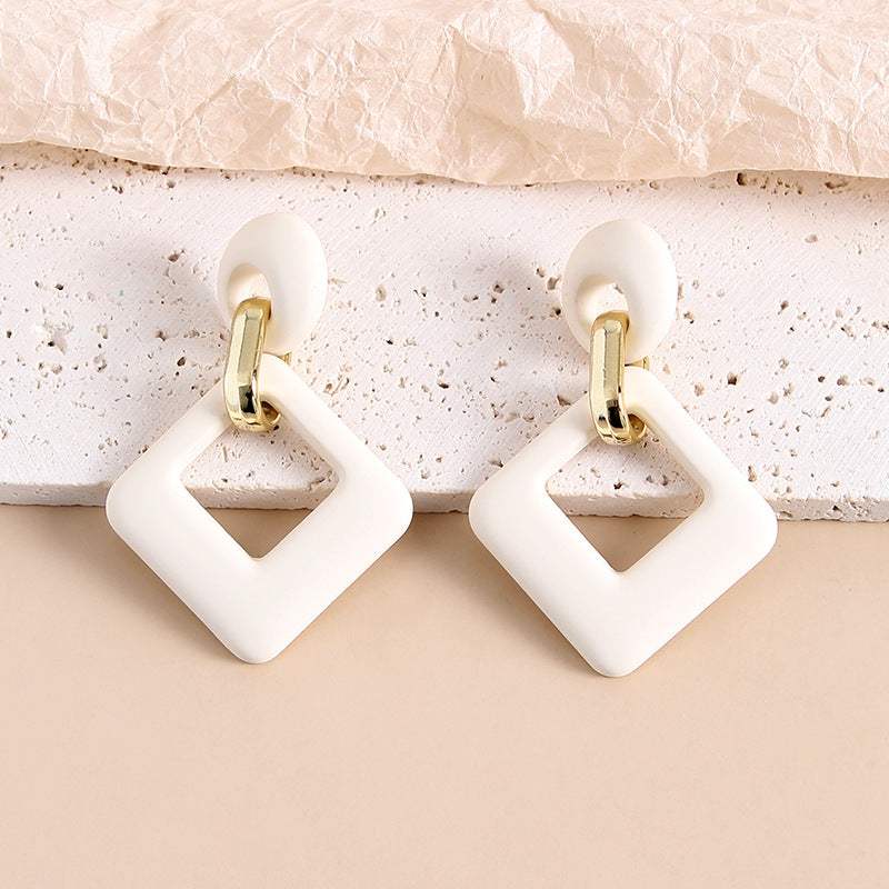 Beige Enamel & Goldtone Open Rhombus Drop Earrings