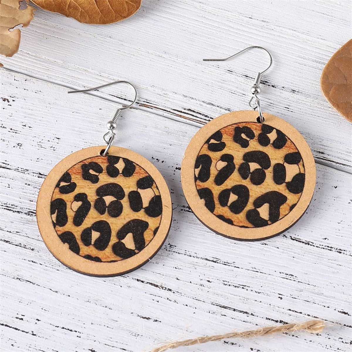 Beige & Silvertone Leopard Round Drop Earrings