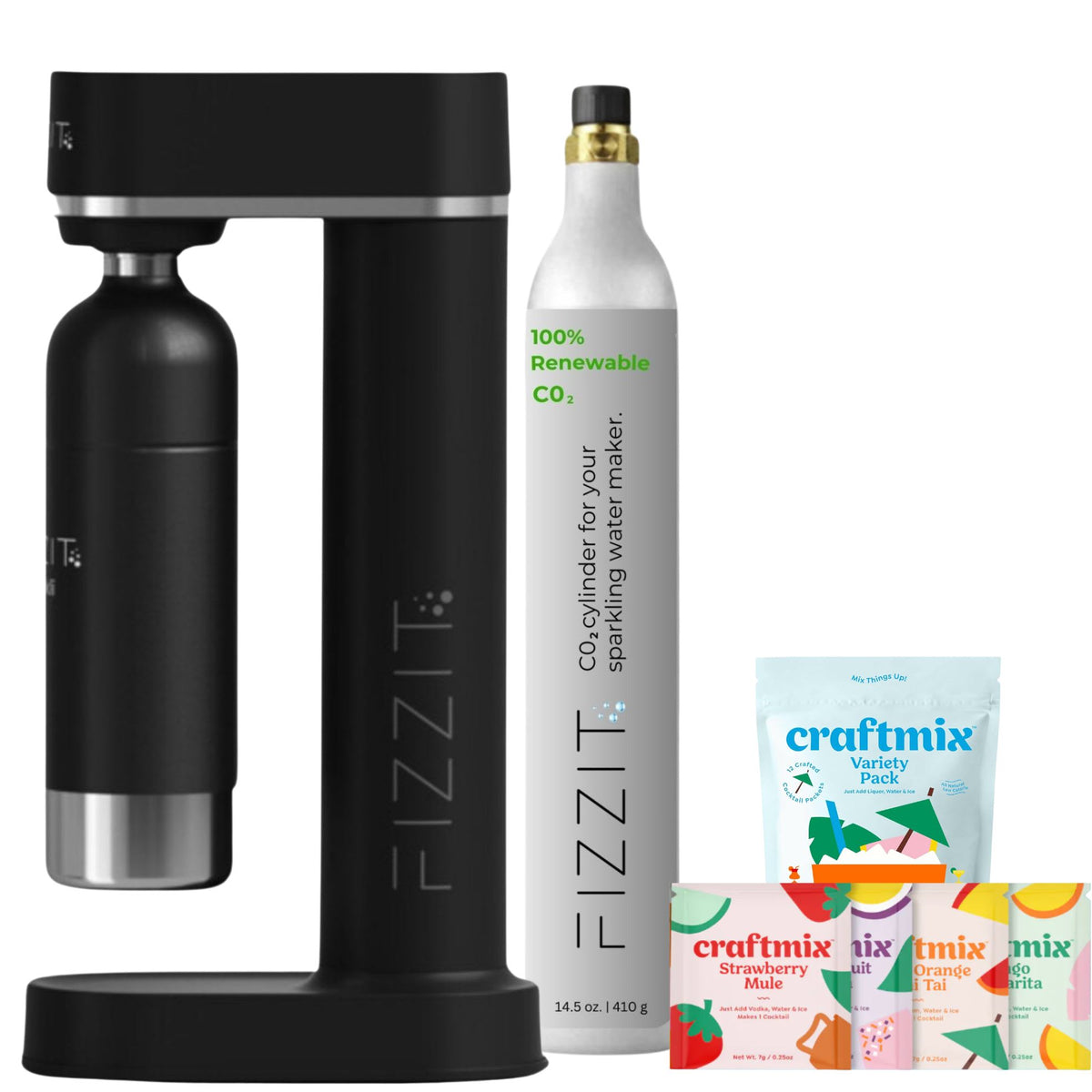 Black Fizzit Stainless Steel Sparkling Water Maker Bundle | Includes Soda Maker, CO2 Cylinder, & 12-Flavor Variety Pack | Customizable Carbonated Water Machine, Reusable Bottle & Eco-Friendly