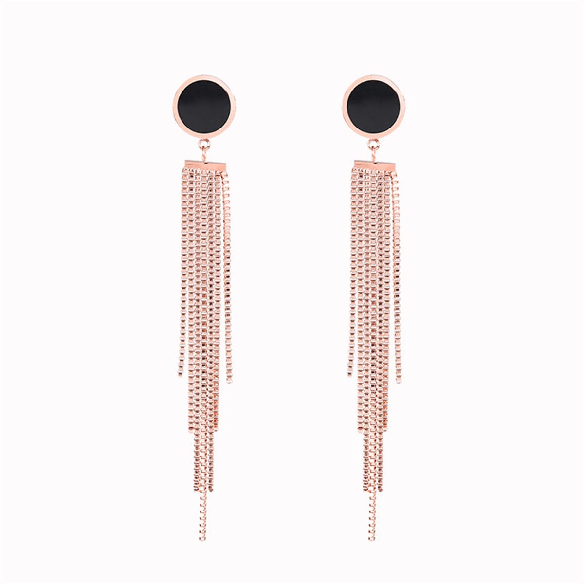 Black Acrylic & Rose Goldtone Round Tassel Drop Earrings