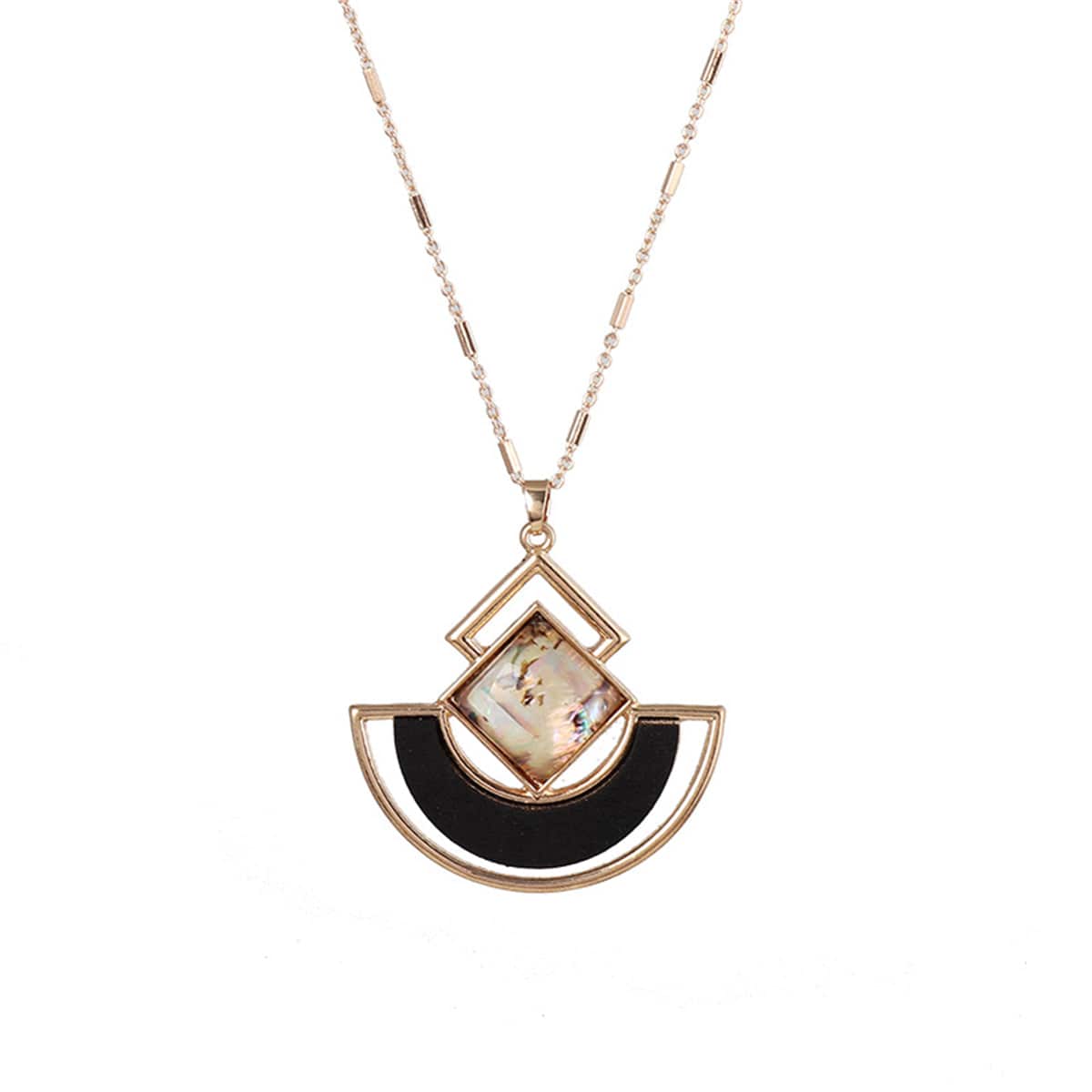 Abalone Shell & Wood Goldtone Rhombus Fan Pendant Necklace
