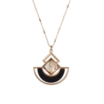 Abalone Shell & Wood Goldtone Rhombus Fan Pendant Necklace
