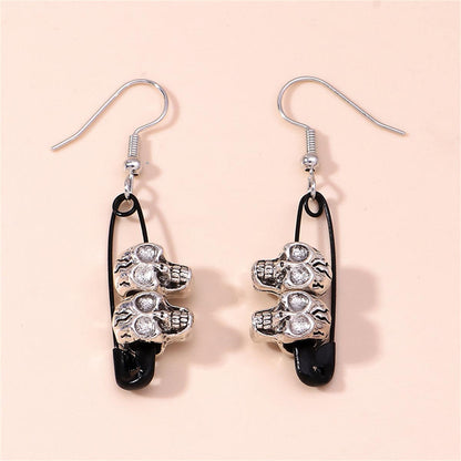 Black & Silvertone Skull Pin Drop Earrings