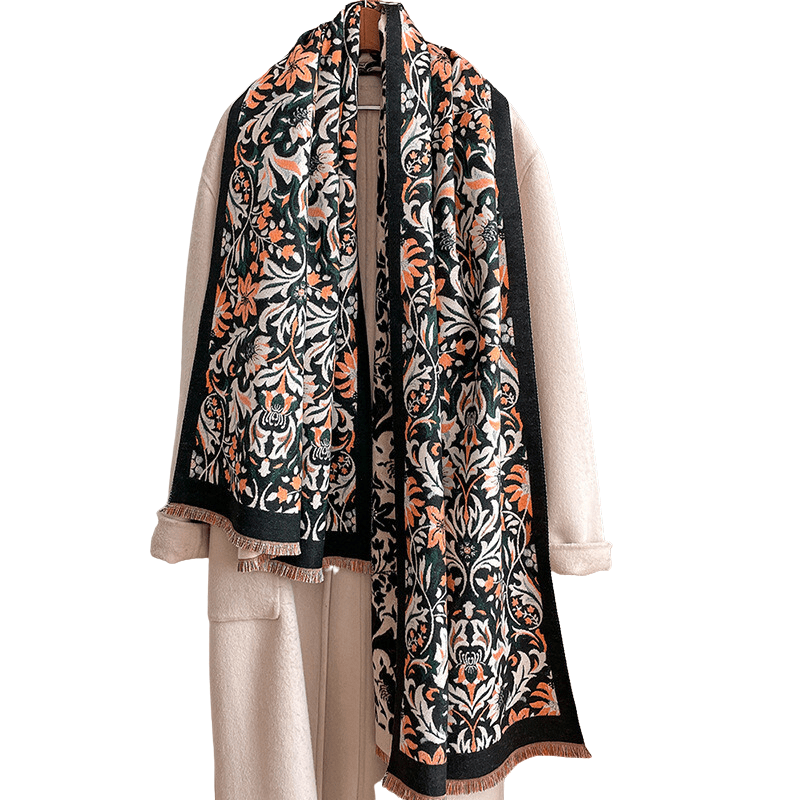 Black, White & Orange Floral Paisley Fringe-Trimmed Scarf