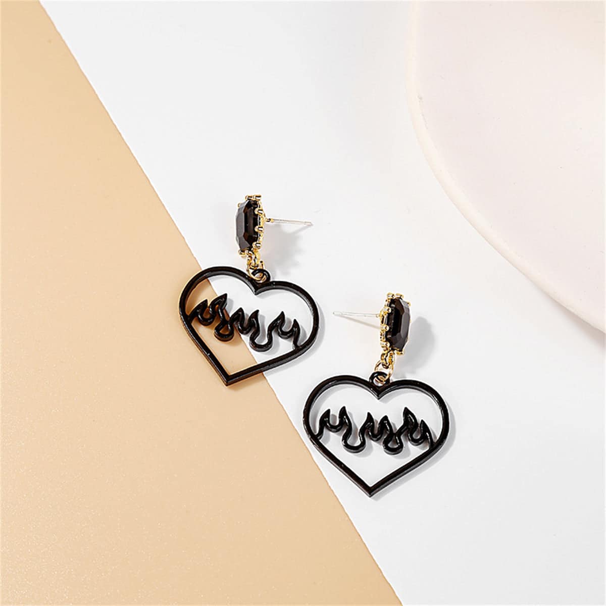 Black Crystal & Goldtone Flame Heart Drop Earrings