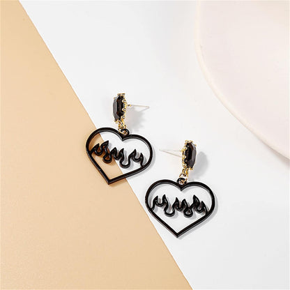 Black Crystal & Goldtone Flame Heart Drop Earrings