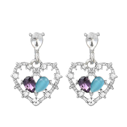 Cat's Eye & Crystal Cubic Zirconia Silvertone Heart Drop Earrings