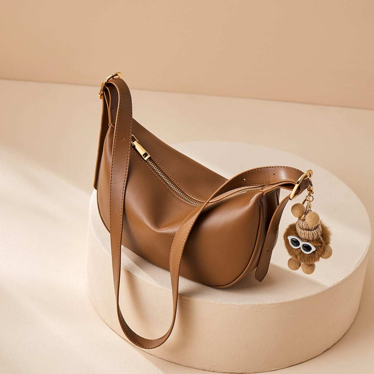 Crescent Leather Crossbody Shoulder Bag with Bear Charm