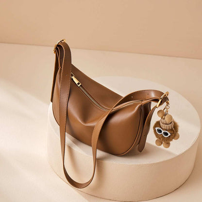 Crescent Leather Crossbody Shoulder Bag with Bear Charm