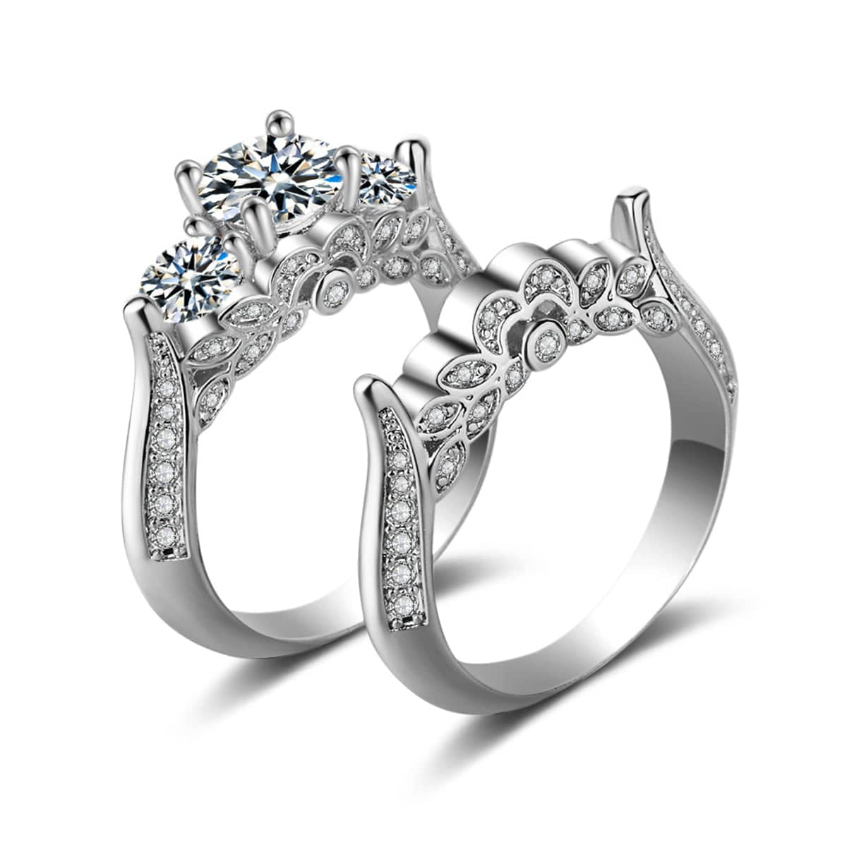 Crystal & Cubic Zirconia Silvertone Botanical Ring Set