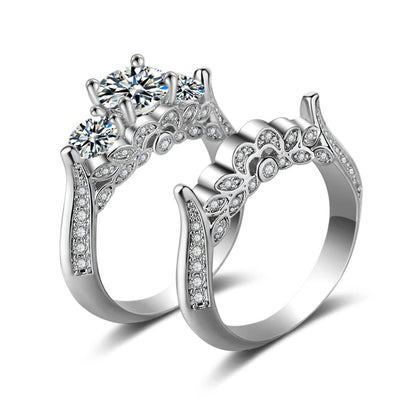 Crystal & Cubic Zirconia Silvertone Botanical Ring Set