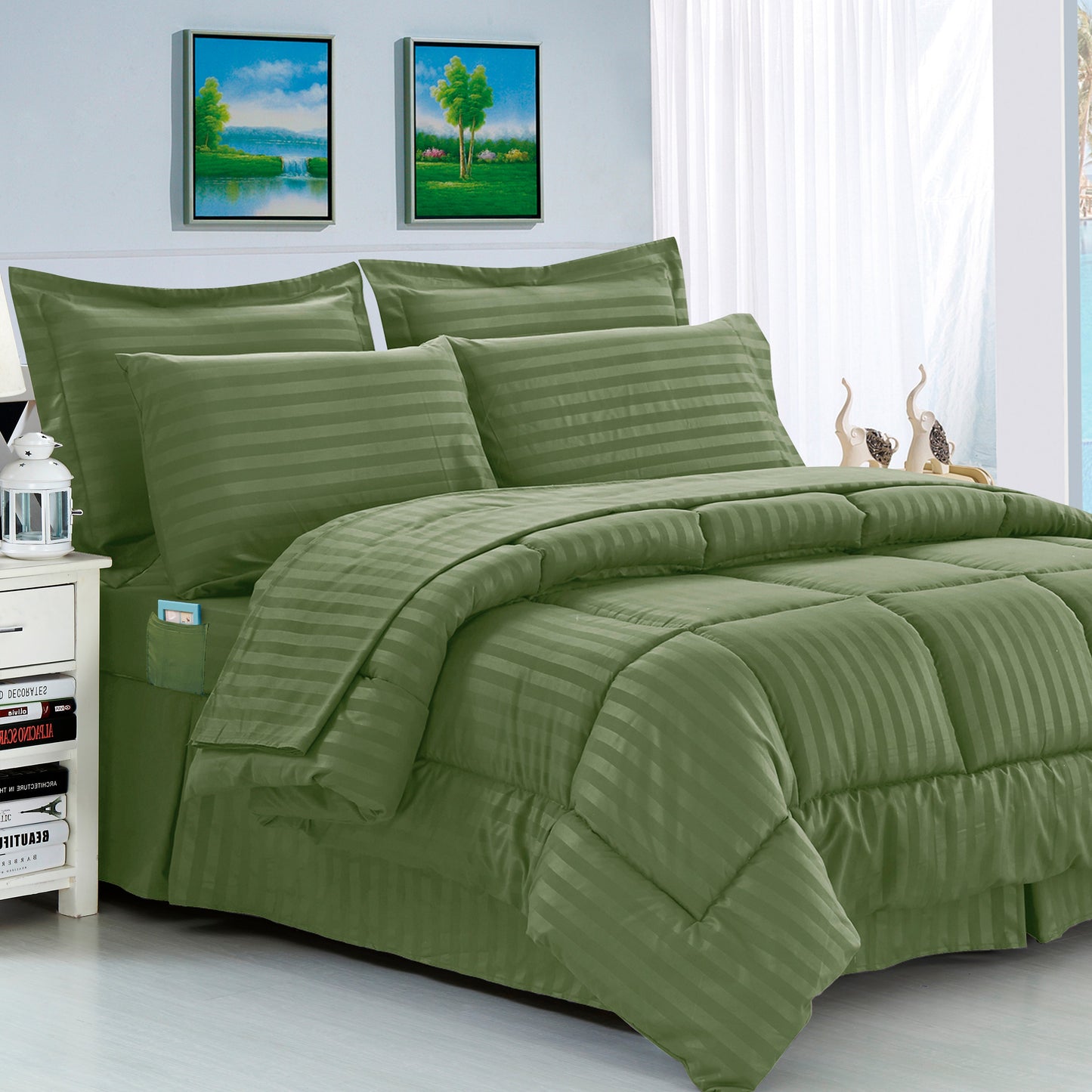 Elegant Comfort 8-Piece Dobby Stripe Comforter Set - Includes 4-Piece Sheet Set with Double Sided Storage Pockets