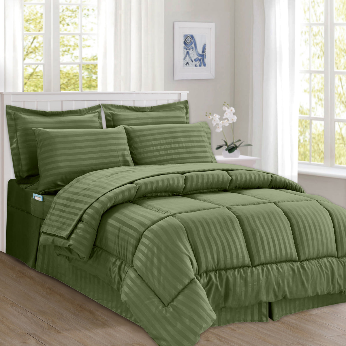 Elegant Comfort 8-Piece Dobby Stripe Comforter Set - Includes 4-Piece Sheet Set with Double Sided Storage Pockets