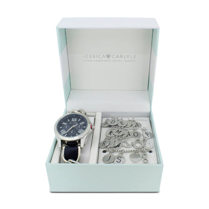 Jessica Carlyle Navy Strap Silver Ladies Watch & Bracelet With Initial Charms Set 1995