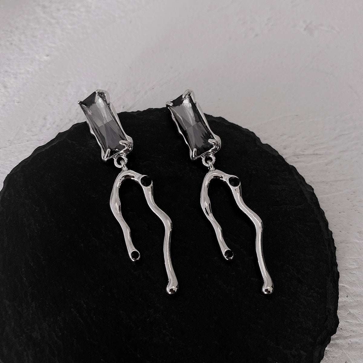 Black Crystal & Silvertone Branch Drop Earrings