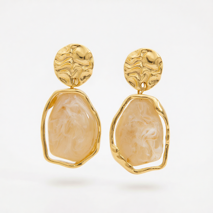Beige Resin & Goldtone Hammered Stacked Irregular Dangle Earrings