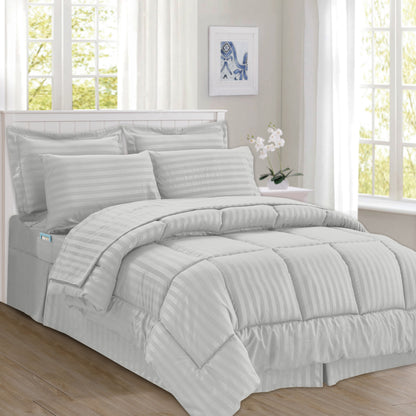 Elegant Comfort 8-Piece Dobby Stripe Comforter Set - Includes 4-Piece Sheet Set with Double Sided Storage Pockets