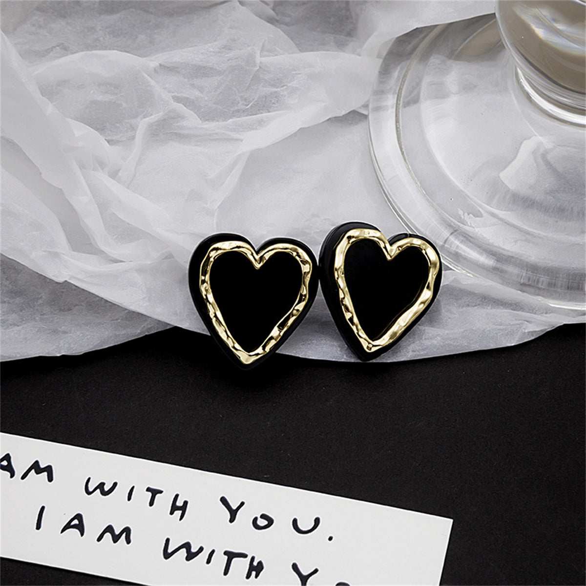 Black Acrylic & Goldtone Heart Stud Earrings