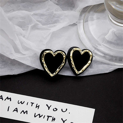 Black Acrylic & Goldtone Heart Stud Earrings