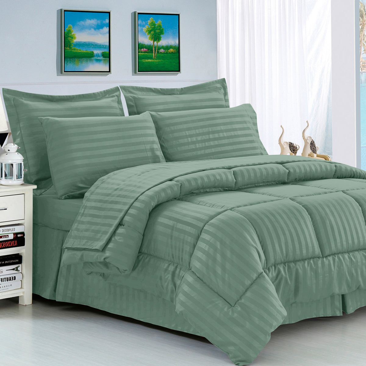 Elegant Comfort 8-Piece Dobby Stripe Comforter Set - Includes 4-Piece Sheet Set with Double Sided Storage Pockets