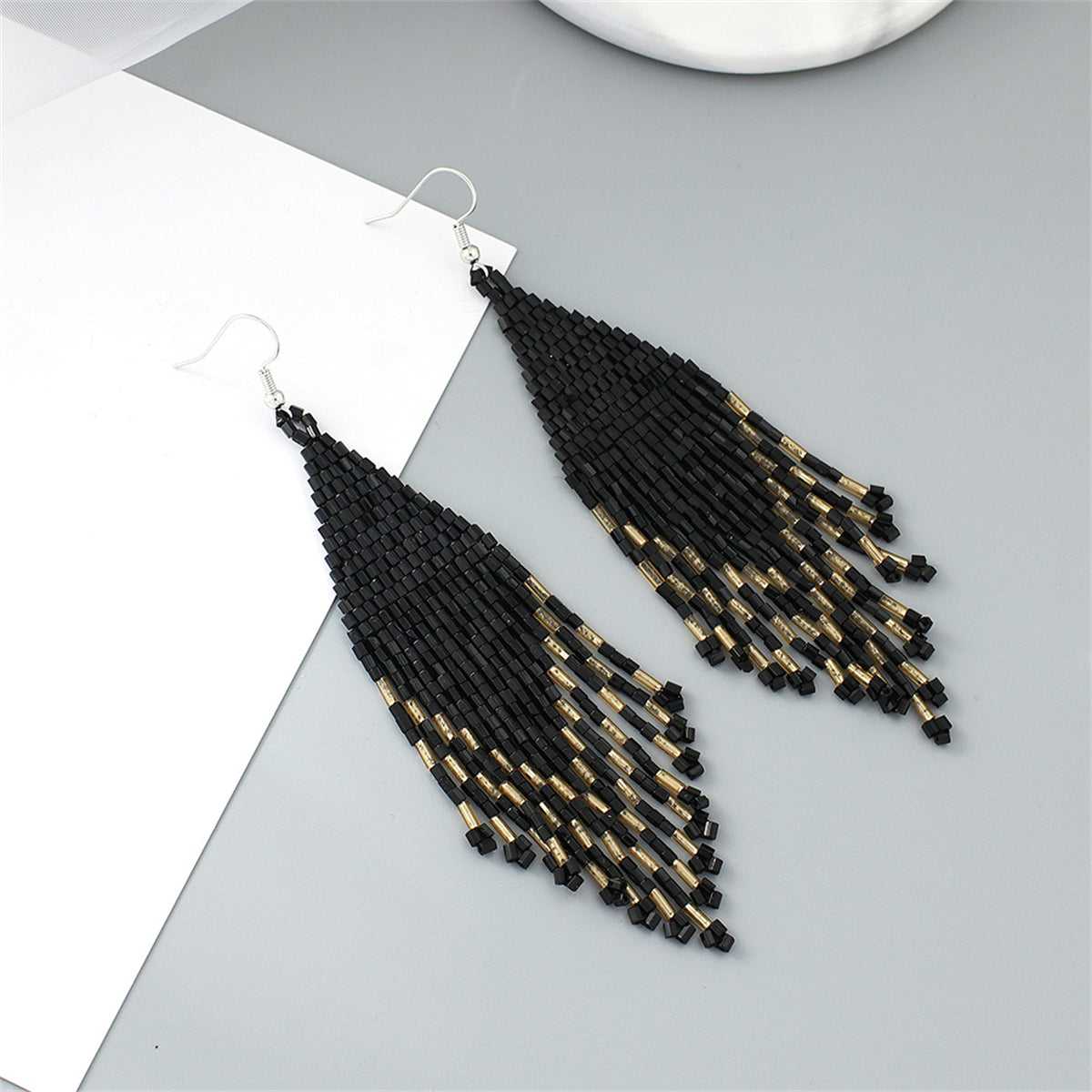 Black & Silvertone Tassel Drop Earrings