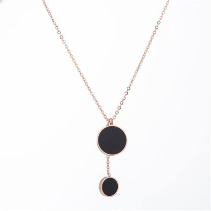 Black Acrylic & Rose Goldtone Double Round Lariat Pendant Necklace