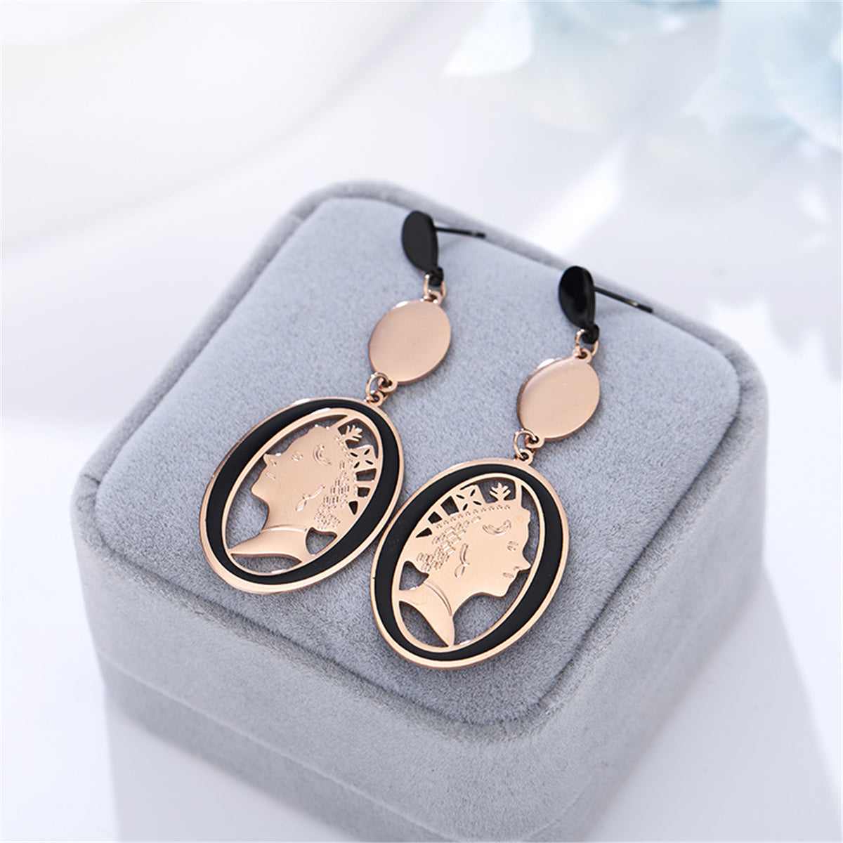 Black Acrylic & Rose Goldtone Queen Cameo Drop Earrings